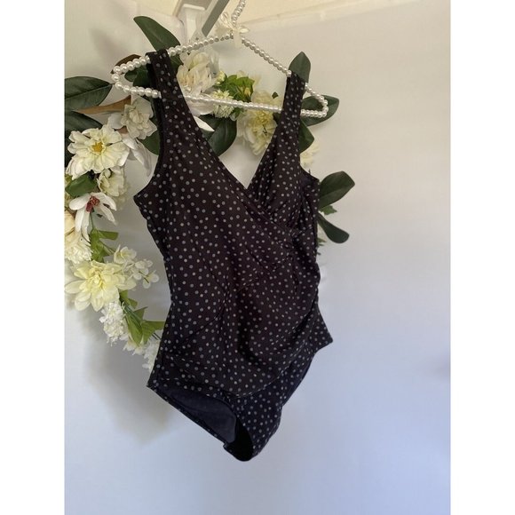 Snozu Vtg Black Polka Dot Stretch Nylon Slimming Ruched One Piece Swimsuit Sz 10 - Picture 2 of 12
